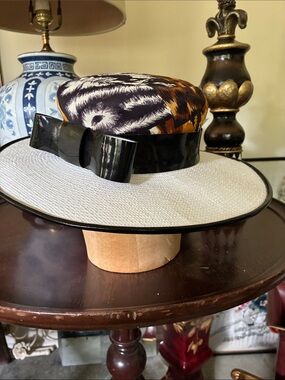 Vintage Cream Straw Hat with Black Band and Multi-Color Silk Crown